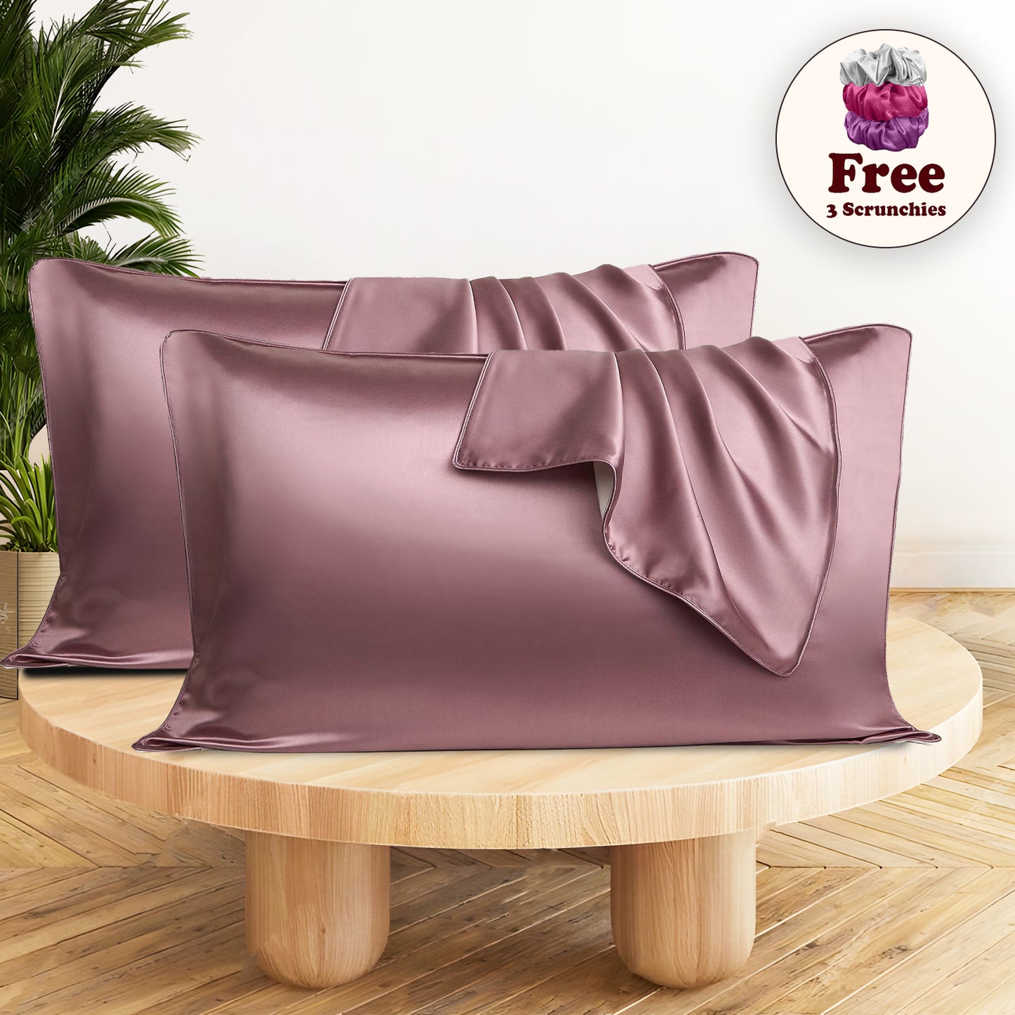 Set of 2 Satin Silk Pillow Covers and 3 Pieces Silk Scrunchies (Rose Pink)