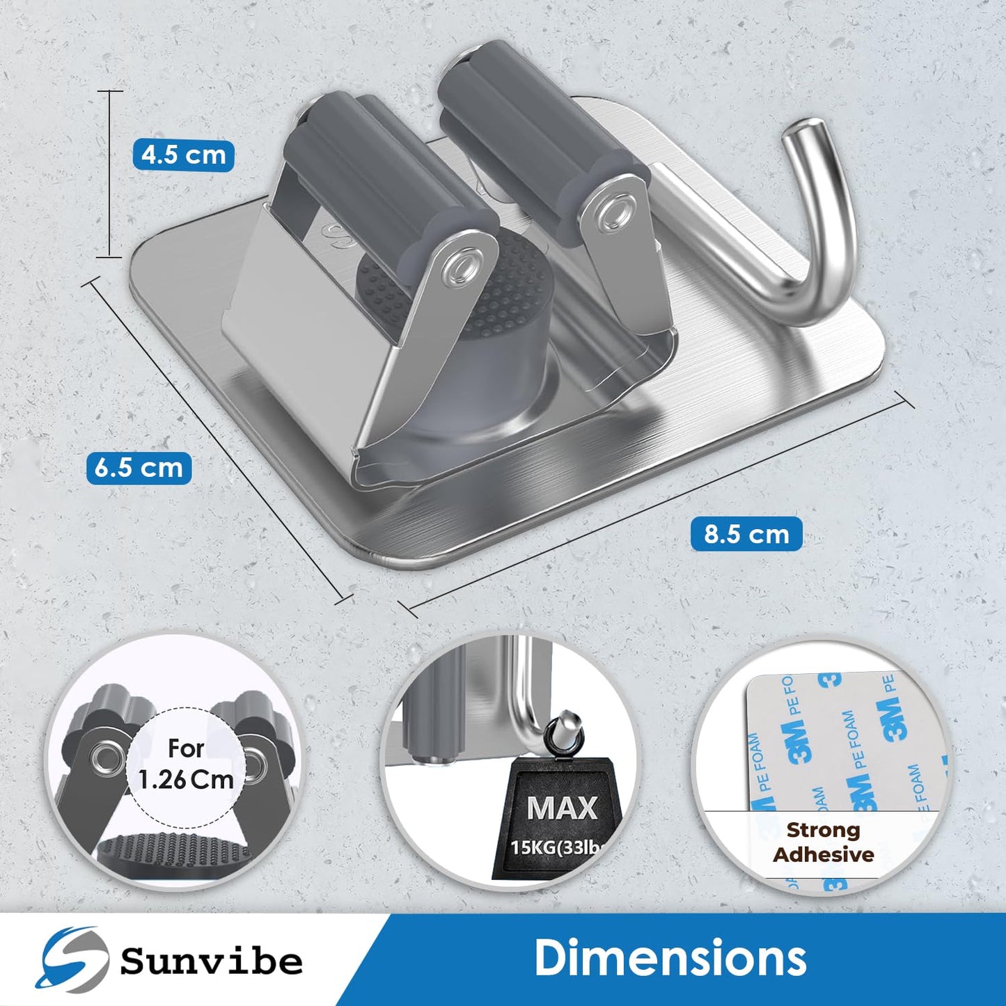 Wall Mounted Adhesive Stainless Steel Mop and Broom Holder, (1 Racks and 1 Hooks) (Silver)