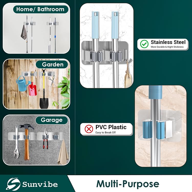 Wall Mounted Adhesive Stainless Steel Mop and Broom Holder, (2 racks and 1 Hooks) (Silver)