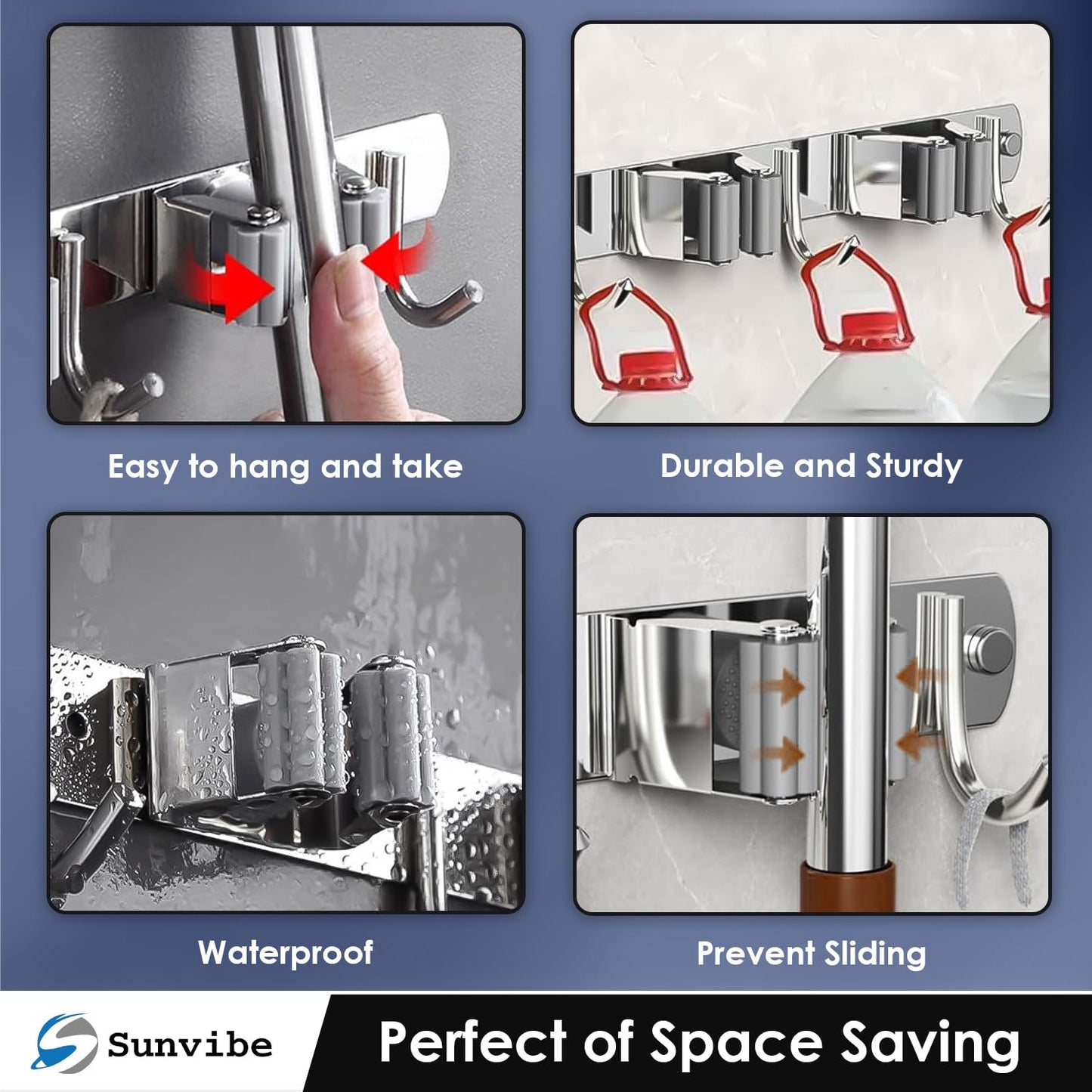 Wall Mounted Stainless Steel Mop and Broom Holder, (5 racks and 6 Hooks) (Silver)