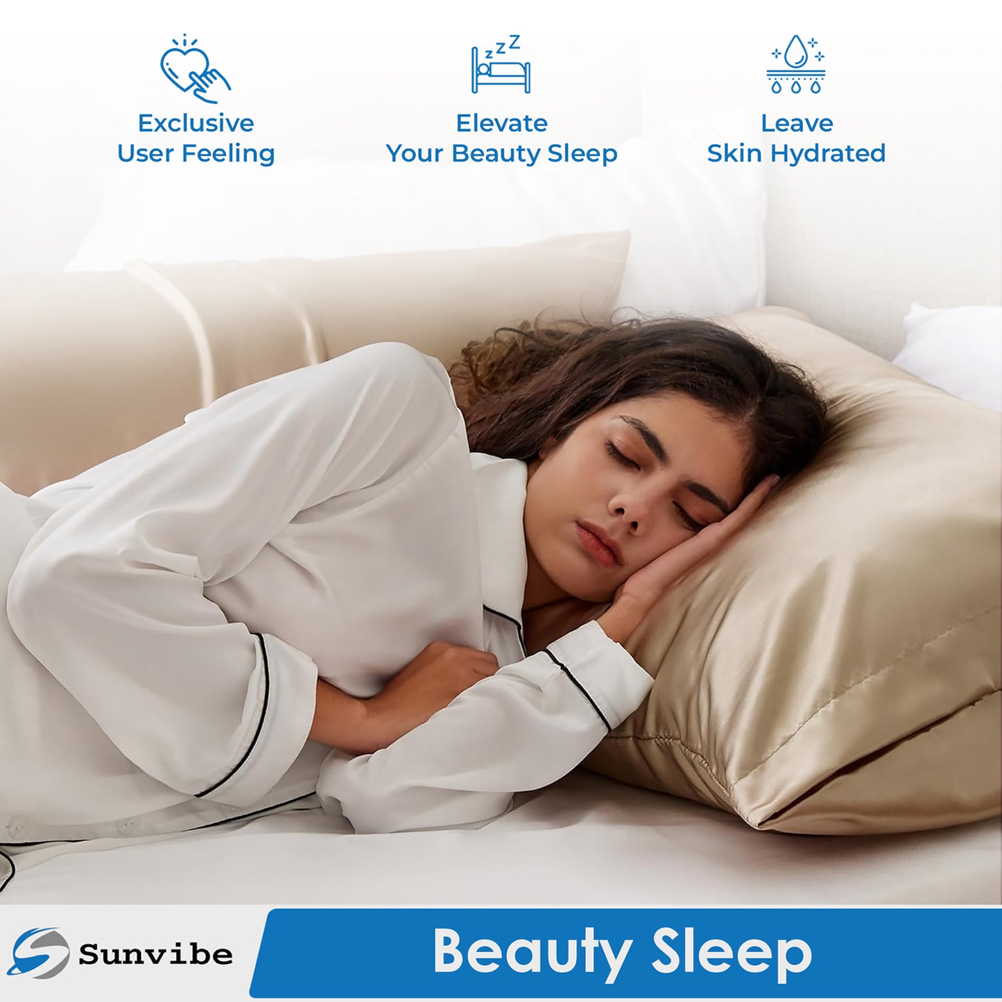 Set of 2 Satin Silk Pillow Covers and 3 Pieces Silk Scrunchies (Beige)