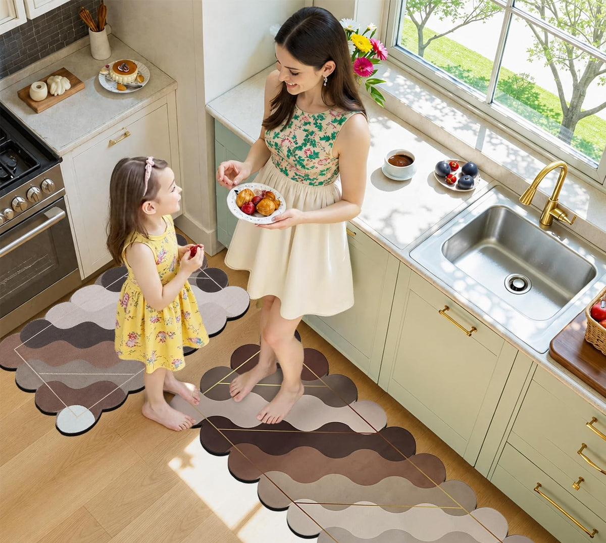 Kitchen Floor Mat 3.5mm (120x40cm & 40x60cm, Leaf Print-2 Pieces) Wave Print