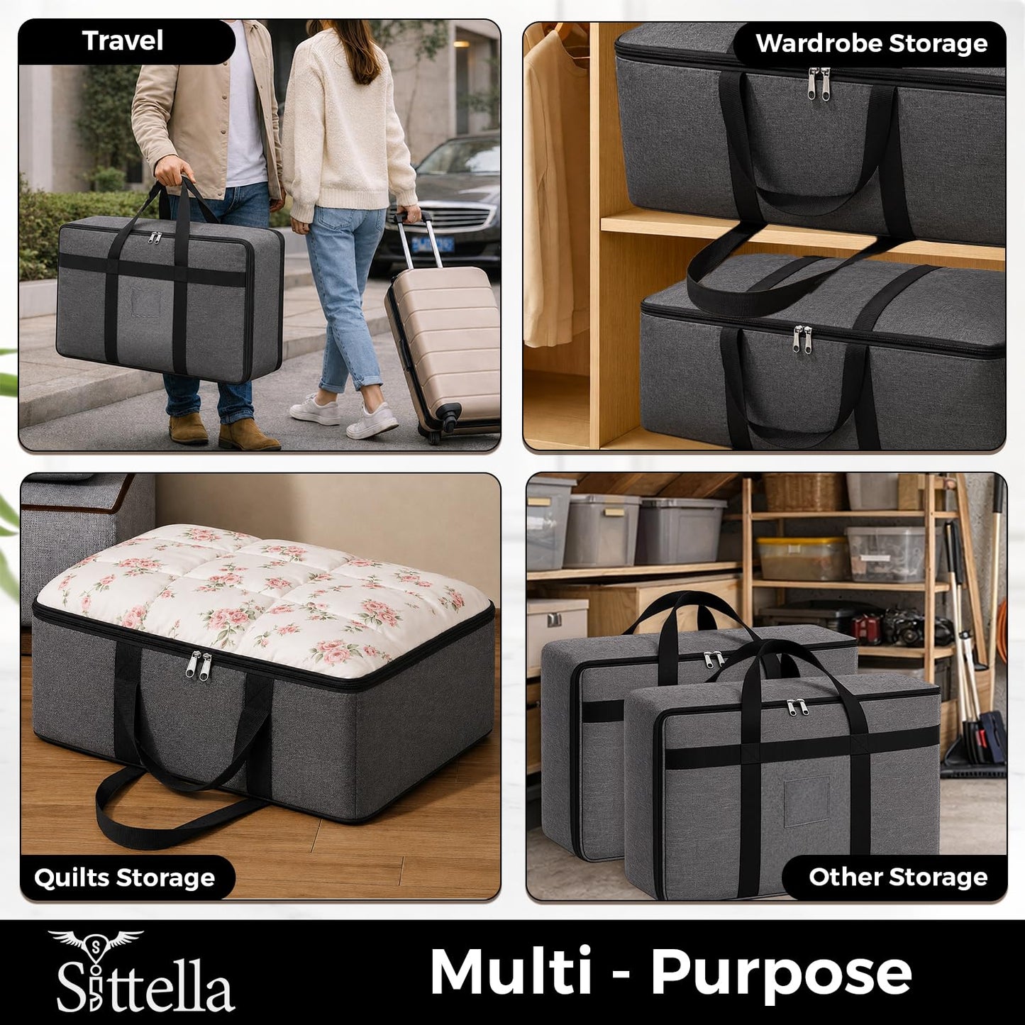 Sunvibe® Large Storage Bag for Clothes, Blankets & Comforters | Foldable Wardrobe Organizer with Strong Handles & Durable Zipper | Dustproof Storage Organizer for Sarees, Quilts, Pillows & Seasonal Clothing | Grey