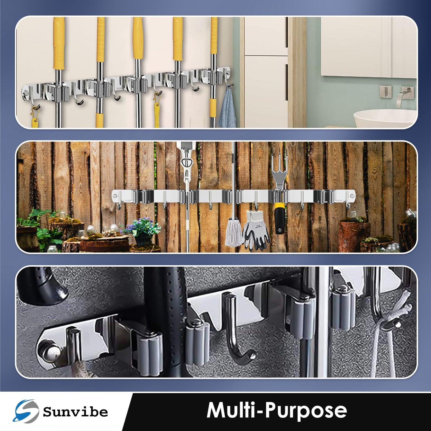 Wall Mounted Stainless Steel Mop and Broom Holder, (5 racks and 6 Hooks) (Silver)