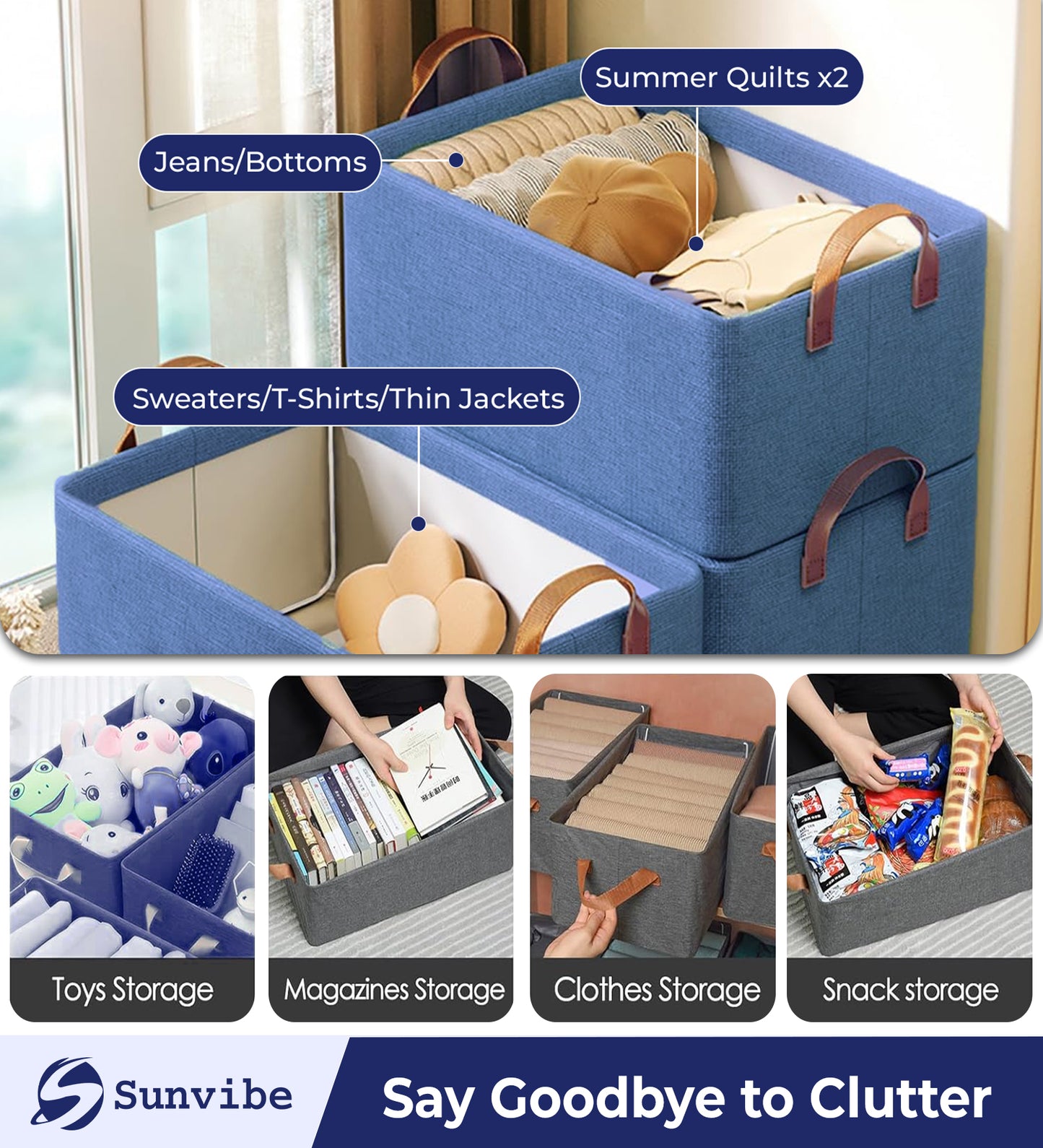 Foldable Wardrobe Organizer with Durable Handle, Stuff Storage Box Closet Drawer Organizers for Clothes, Toys, Books, Blanket (Blue)