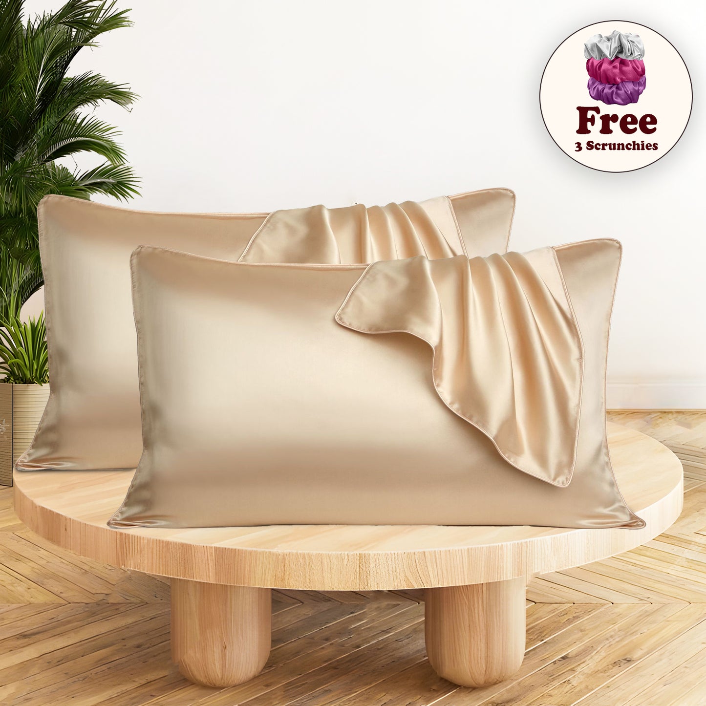 Set of 2 Satin Silk Pillow Covers and 3 Pieces Silk Scrunchies