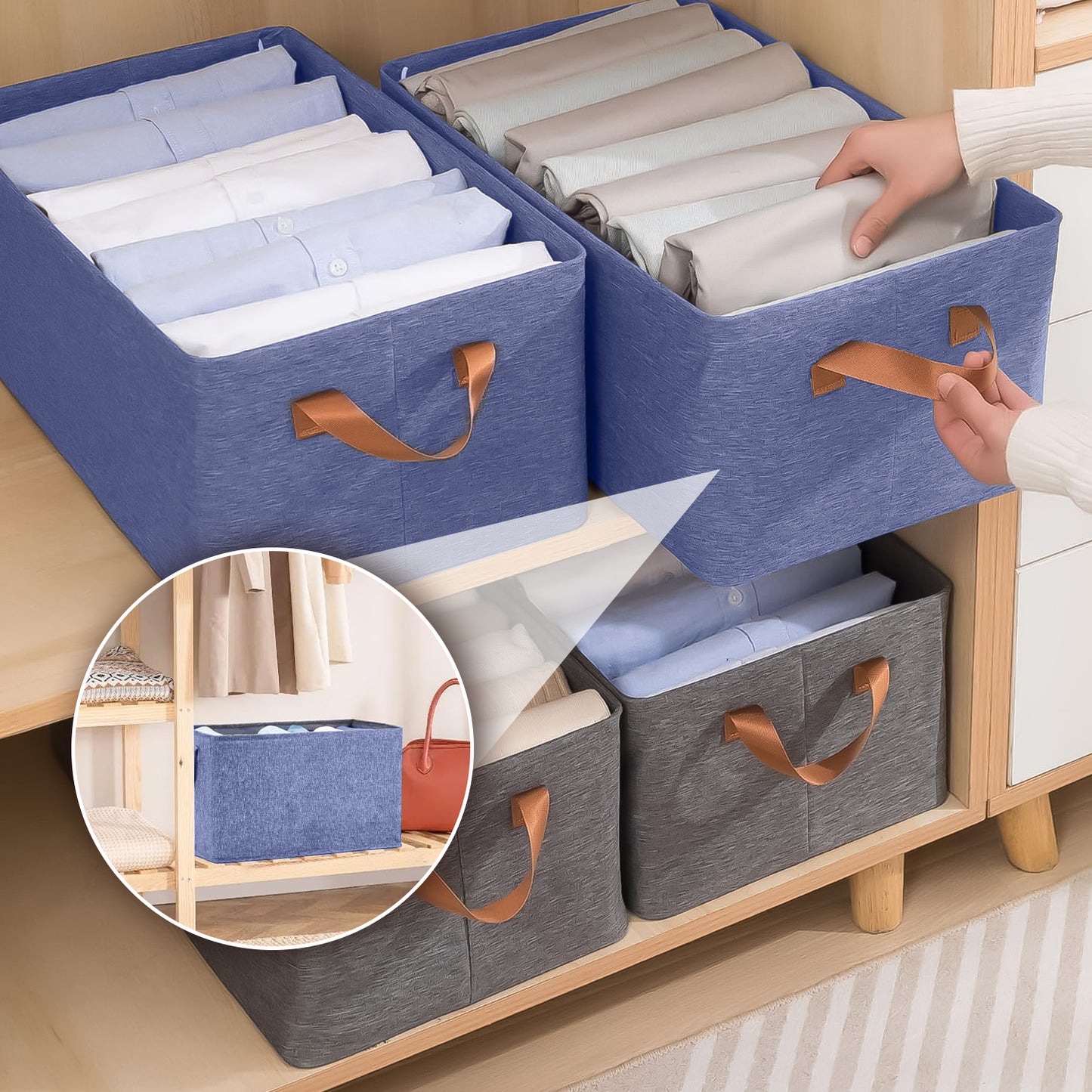Foldable Wardrobe Organizer with Durable Handle, Stuff Storage Box Closet Drawer Organizers for Clothes, Toys, Books, Blanket (Blue)