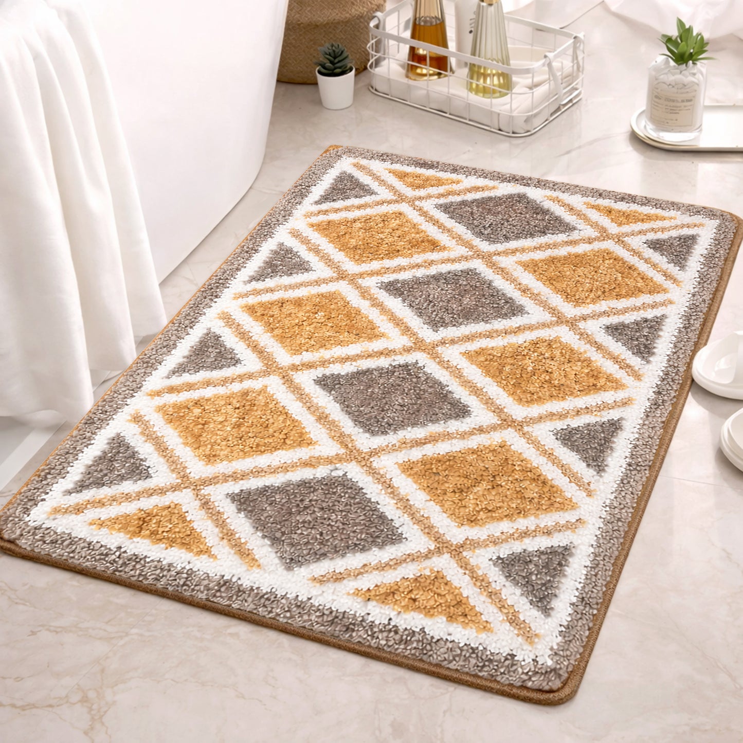 3D Microfiber Floor Mat | Ultra Soft & Super Absorbent Bath Mat | Anti-Slip Backing | Quick Dry Washable Rug for Bathroom, Kitchen & Bedroom (diamond)