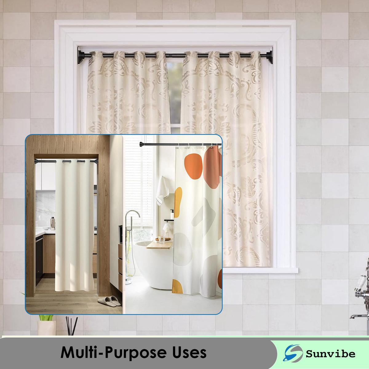 Extendable Black Shower Curtain Tension Rod – Non-Drilling & Anti-Skid
