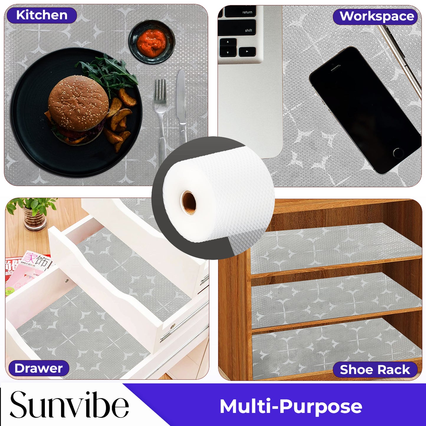 SUNVIBE Printed Shelf Liner – Anti-Slip Mat for Kitchen, Drawers & Fridge (White-Star Design)