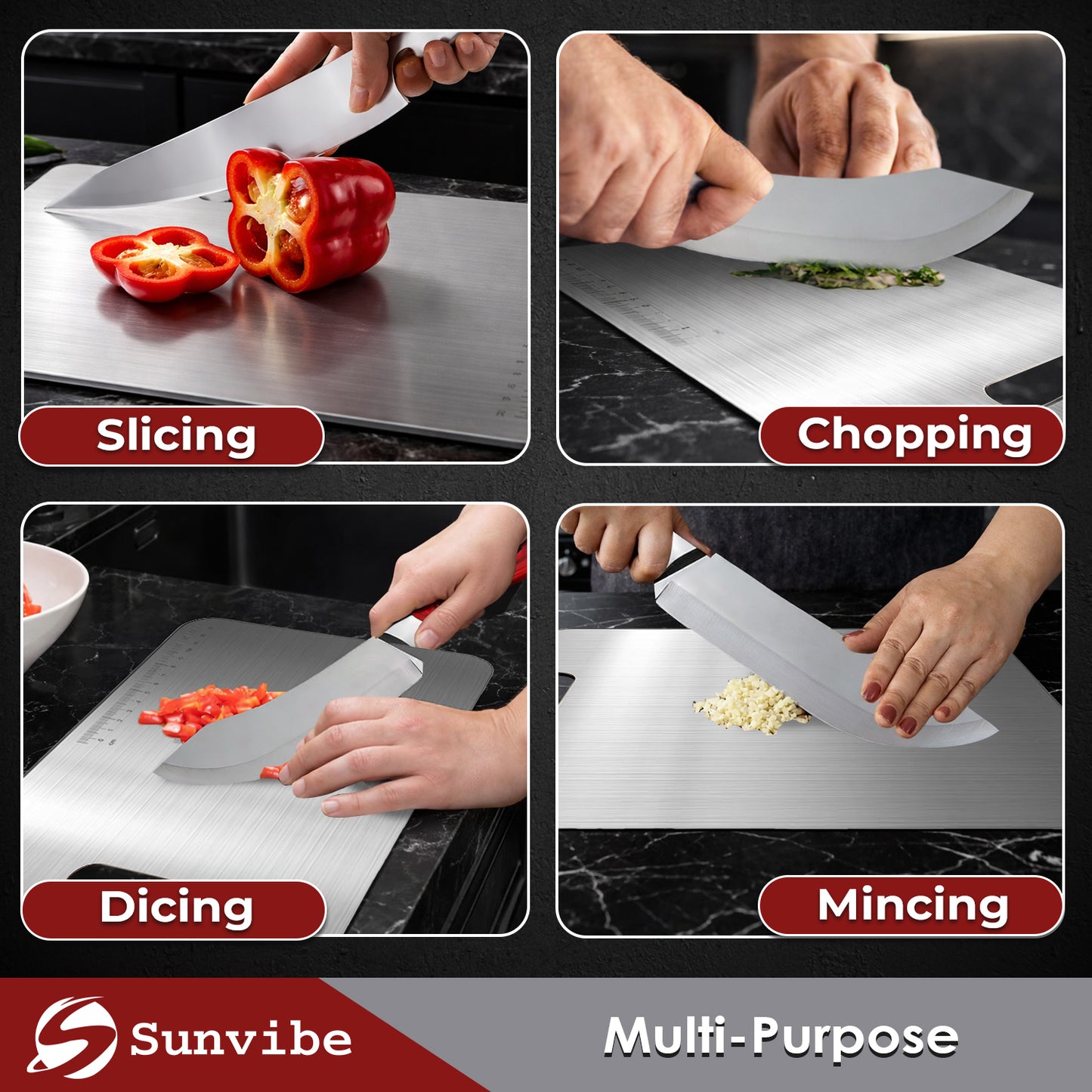 Sunvibe® Stainless Steel Chopping Board with Handle & Knife | Hygienic, Easy-Clean Cutting Board for Vegetables, Fruits & Meat | Compact Size 31×21 cm