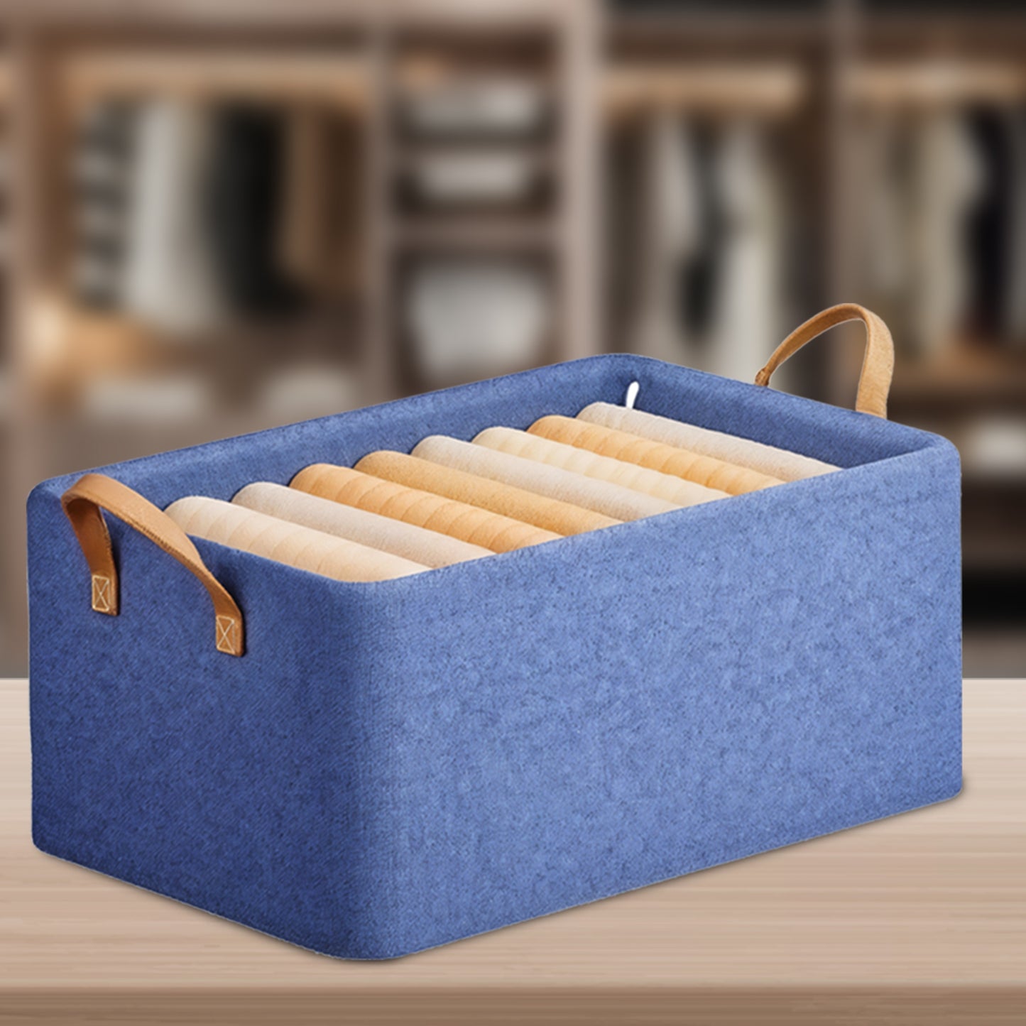 Foldable Wardrobe Organizer with Durable Handle, Stuff Storage Box Closet Drawer Organizers for Clothes, Toys, Books, Blanket (Blue)