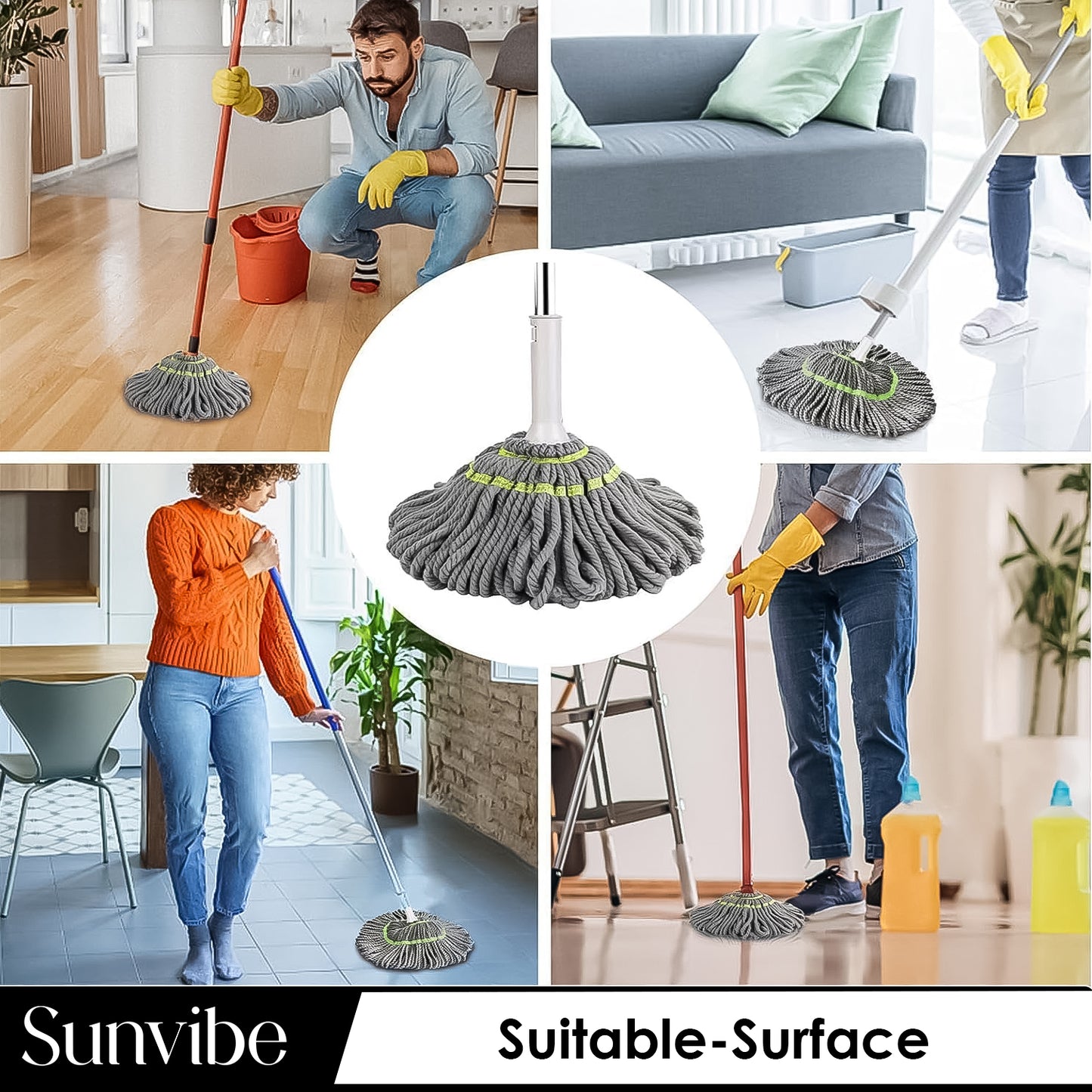 Sunvibe 360° Spin Mop with Stainless Steel Handle & Bucket | Heavy Duty Floor Cleaning Mop | Super Absorbent Microfiber | Easy Wringer System for All Floors