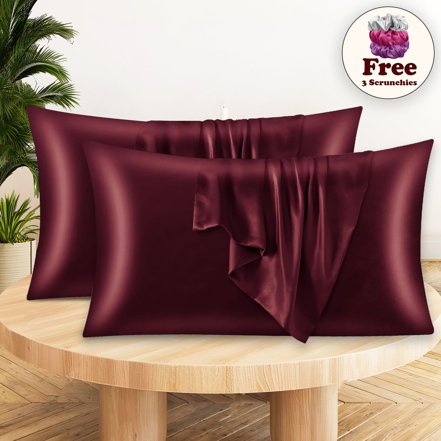 Set of 2 Satin Silk Pillow Covers and 3 Pieces Silk Scrunchies (Maroon)