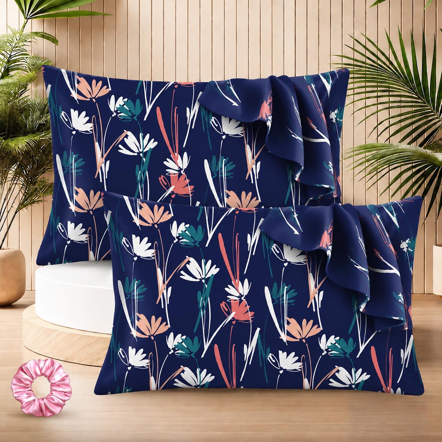 SUNVIBE® 3D Satin Pillow Covers With Scrunchy for Hair | Silk Pillow Case | Soft Pillow Satin Cover with Hidden Zipper | Pillow Cover