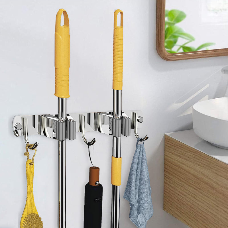 Wall Mounted Stainless Steel Mop Holder and Broom Holder, (2 racks and 3 Hooks) (Silver)