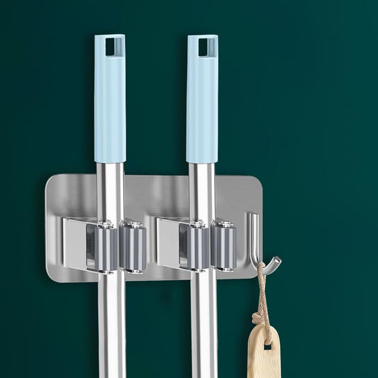 Wall Mounted Adhesive Stainless Steel Mop and Broom Holder, (2 racks and 1 Hooks) (Silver)