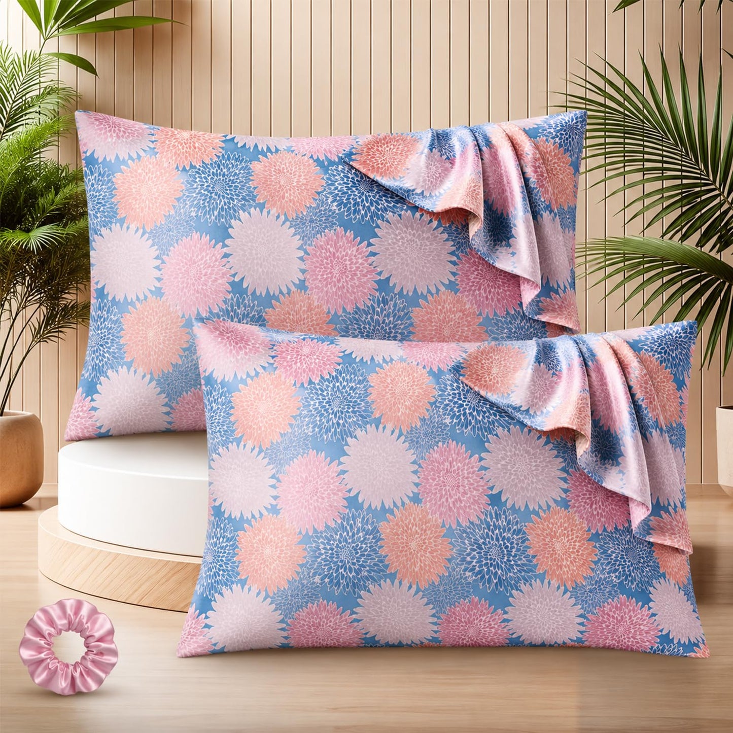 SUNVIBE® 3D Satin Pillow Covers With Scrunchy for Hair | Silk Pillow Case | Soft Pillow Satin Cover with Hidden Zipper | Pillow Cover