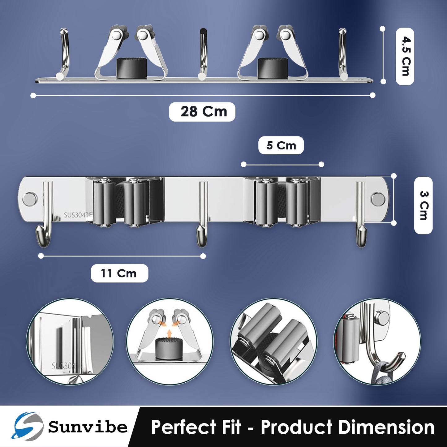 Wall Mounted Stainless Steel Mop and Broom Holder, (2 racks and 3 Hooks) (Silver)