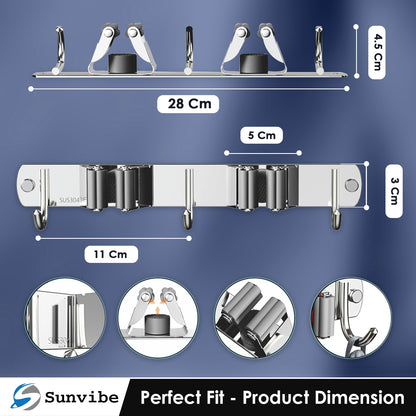 Wall Mounted Stainless Steel Mop and Broom Holder, (2 racks and 3 Hooks) (Silver)