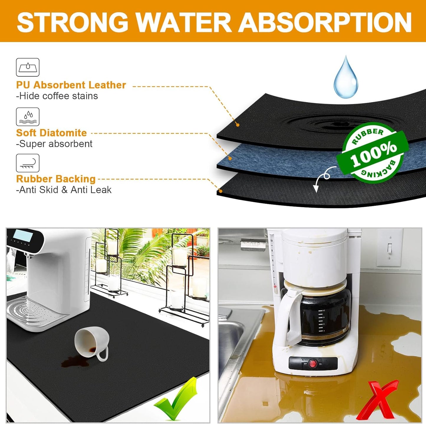 Placemat 40x30 Cms Water Absorbent Drying Mat for Kitchen Utensil (Black)