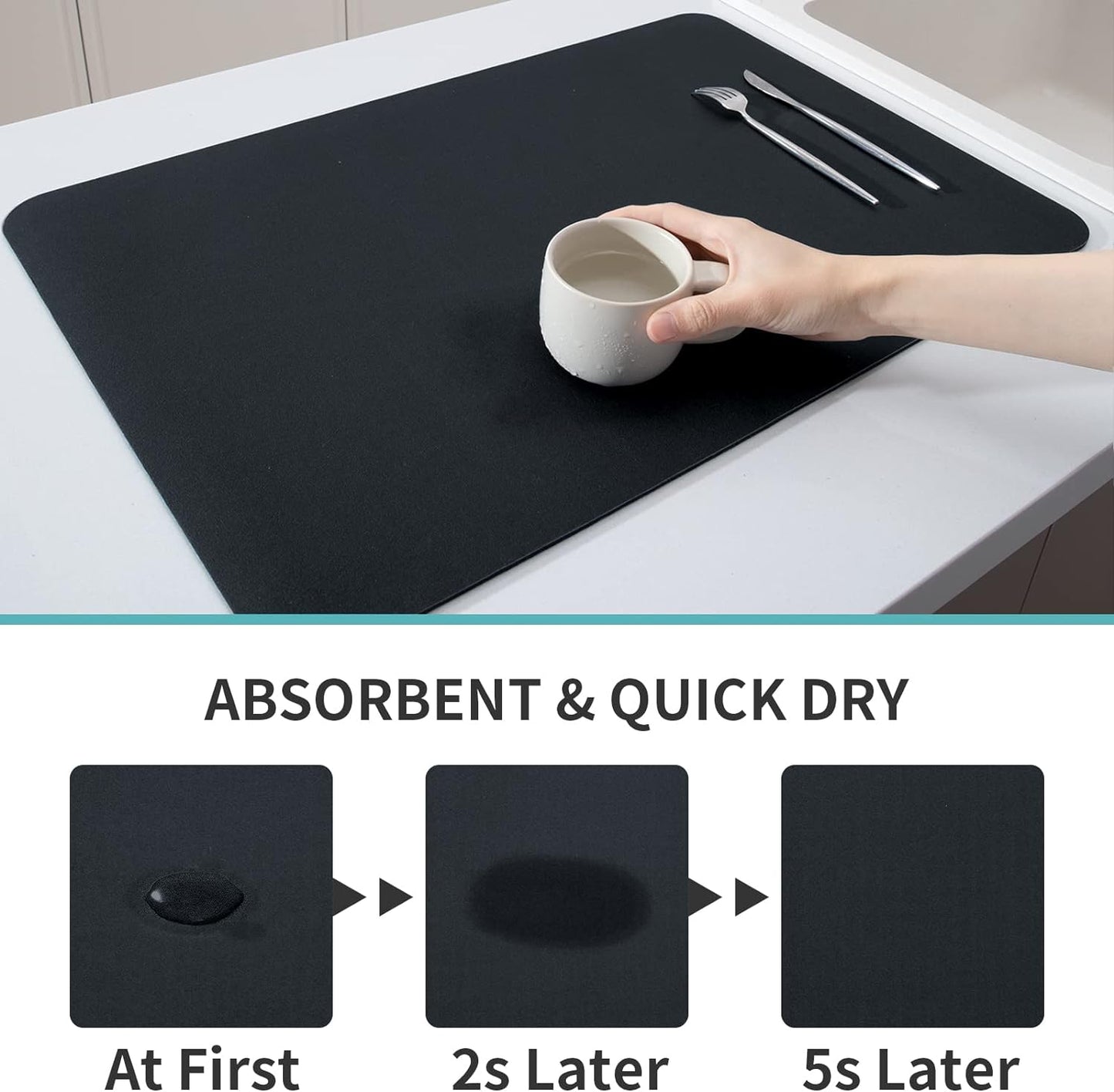 Placemat 40x30 Cms Water Absorbent Drying Mat for Kitchen Utensil (Black)