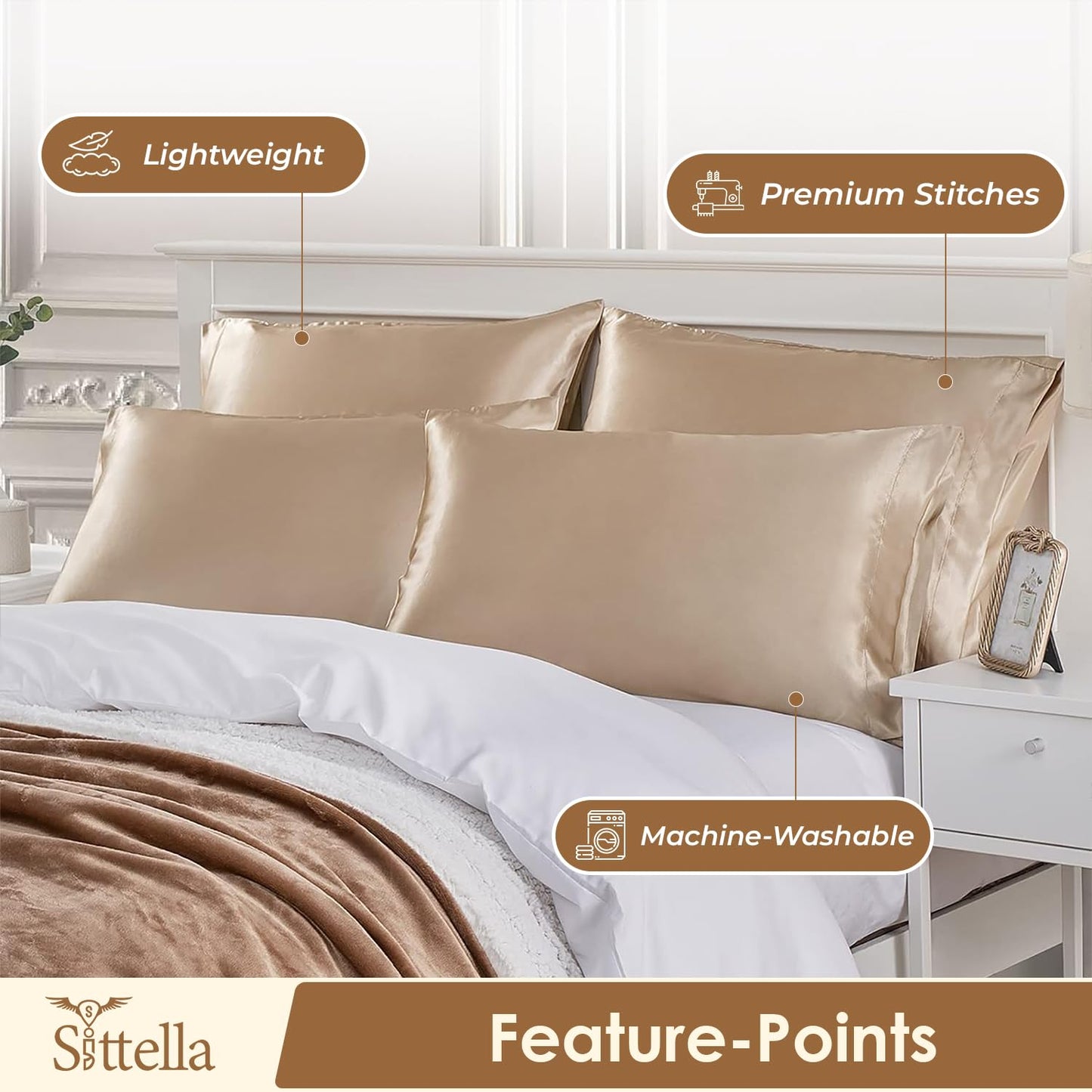 SUNVIBE®  Satin Pillow Covers With Scrunchy for Hair | Silk Pillow Case | Soft Pillow Satin Cover with Hidden Zipper | Pillow Cover