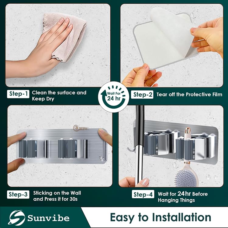 Wall Mounted Adhesive Stainless Steel Mop and Broom Holder, (2 racks and 1 Hooks) (Silver)