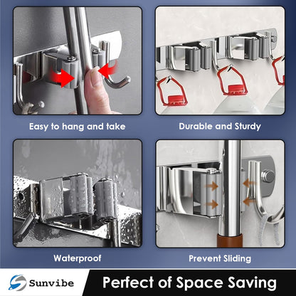 Wall Mounted Stainless Steel Mop and Broom Holder, (5 racks and 6 Hooks) (Silver)
