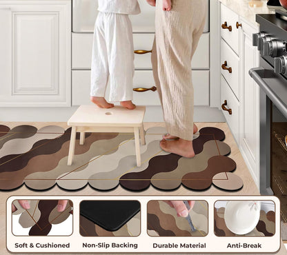 Kitchen Floor Mat 3.5mm (120x40cm & 40x60cm, Leaf Print-2 Pieces) Wave Print