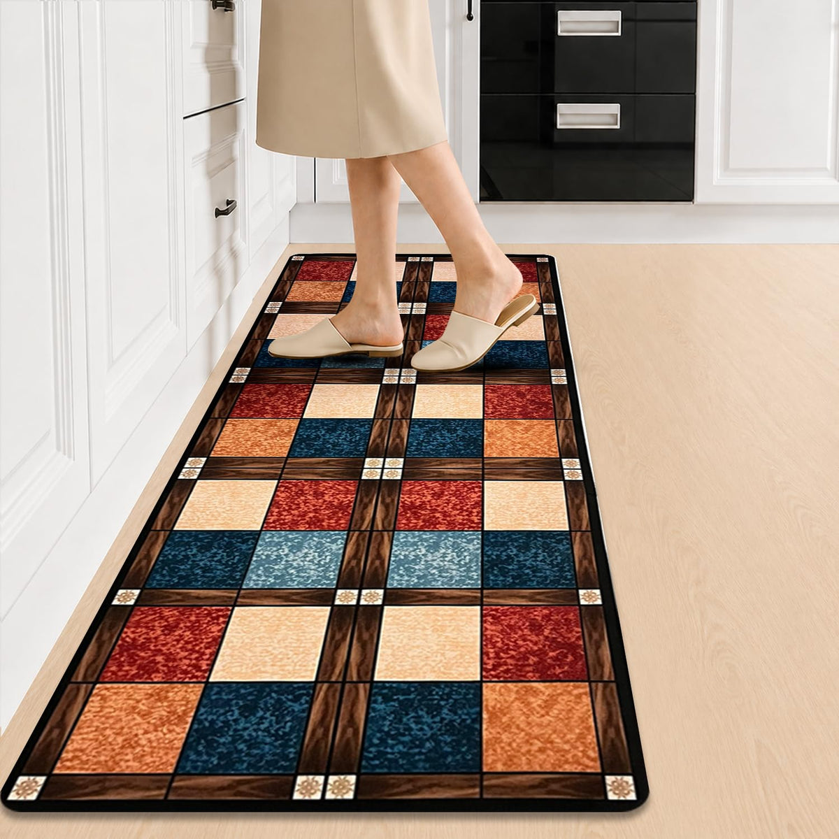 Kitchen Floor Mat 3.5mm (120x40cm & 40x60cm-2 Pieces) Block Print