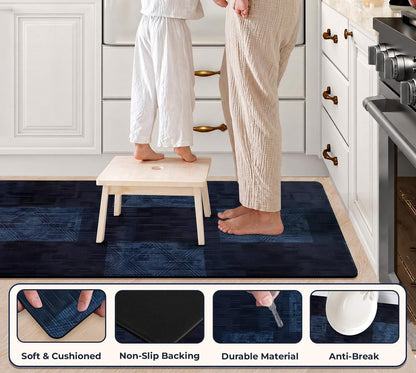Kitchen Floor Mat 3.5mm (120x40cm & 40x60cm, Leaf Print-2 Pieces) Blue Check