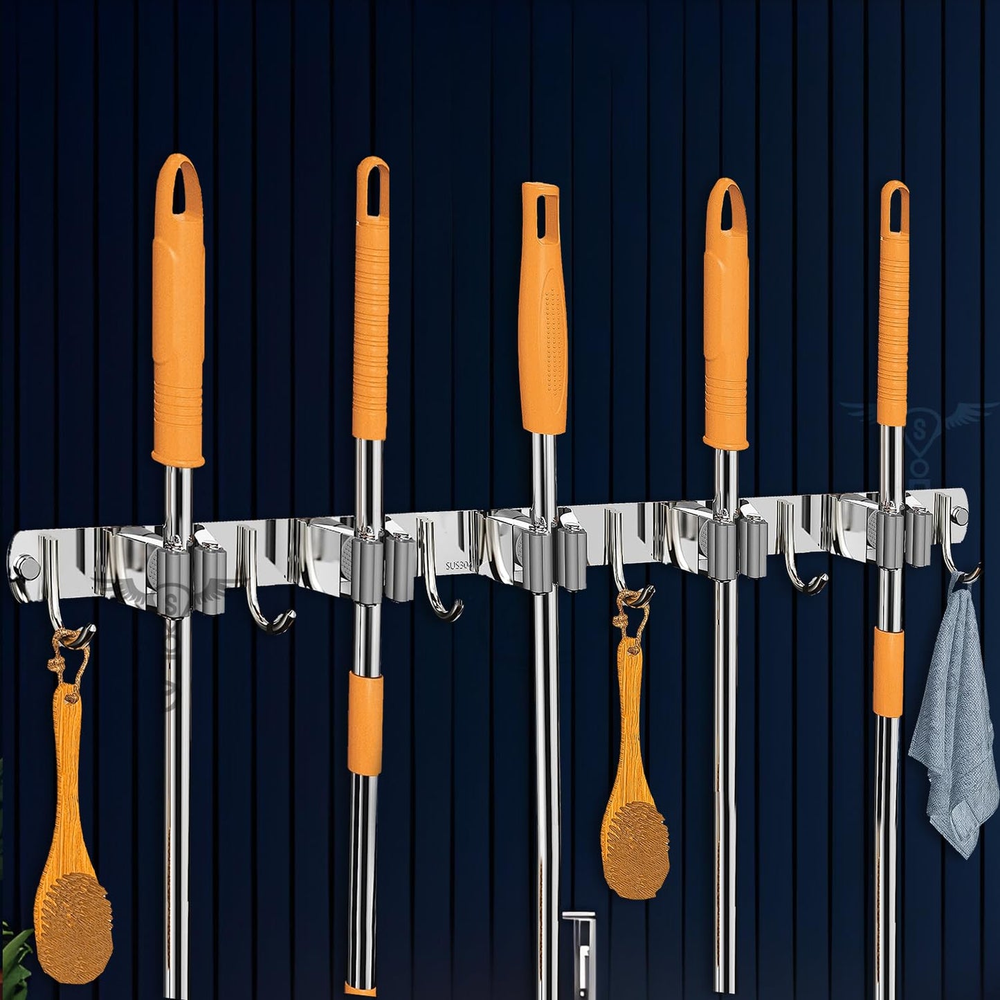 SUNVIBE® Broom & Mop Holder, Stainless Steel Wall Mounted Organizer Rack with Hooks, Heavy Duty Stick Holder for Brooms, Mops, Brushes & Cleaning Tools, for Kitchen, Bathroom, Laundry, Garage & Garden