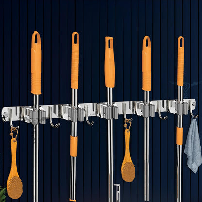 SUNVIBE® Broom & Mop Holder, Stainless Steel Wall Mounted Organizer Rack with Hooks, Heavy Duty Stick Holder for Brooms, Mops, Brushes & Cleaning Tools, for Kitchen, Bathroom, Laundry, Garage & Garden