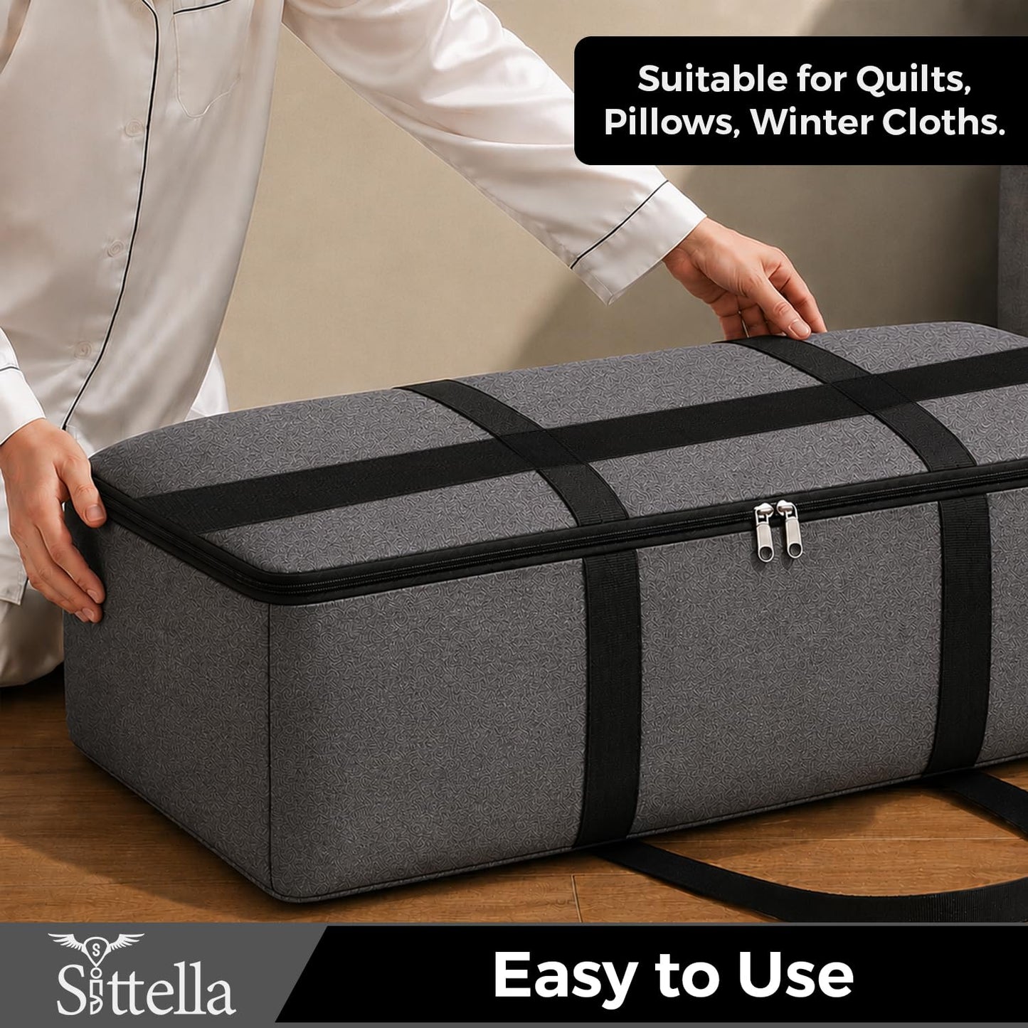 Sunvibe® Large Storage Bag for Clothes, Blankets & Comforters | Foldable Wardrobe Organizer with Strong Handles & Durable Zipper | Dustproof Storage Organizer for Sarees, Quilts, Pillows & Seasonal Clothing | Grey