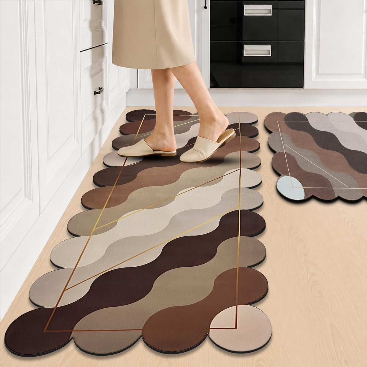 Kitchen Floor Mat 3.5mm (120x40cm & 40x60cm, Leaf Print-2 Pieces) Wave Print