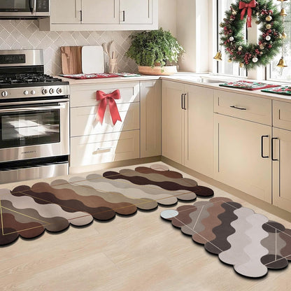 Kitchen Floor Mat 3.5mm (120x40cm & 40x60cm, Leaf Print-2 Pieces) Wave Print