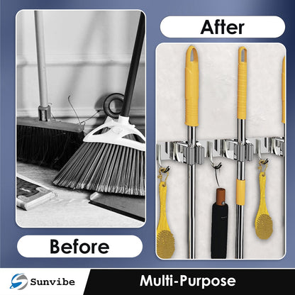 Wall Mounted Stainless Steel Mop and Broom Holder, (5 racks and 6 Hooks) (Silver)