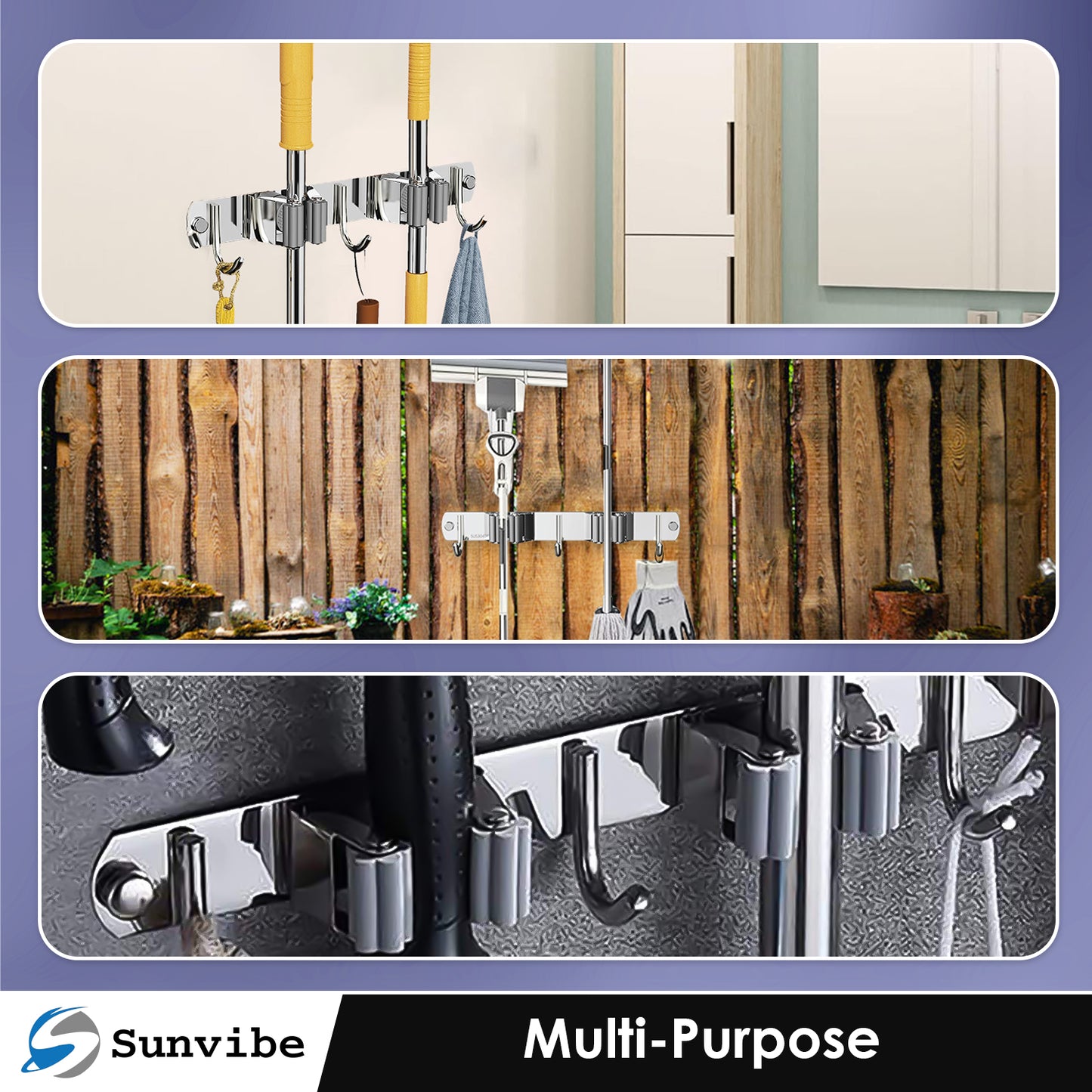 Wall Mounted Stainless Steel Mop and Broom Holder, (2 racks and 3 Hooks) (Silver)