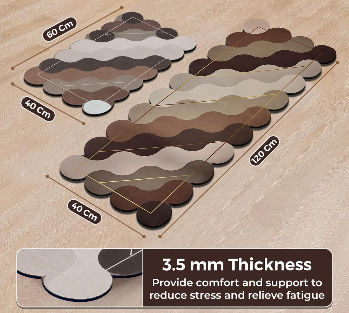 Kitchen Floor Mat 3.5mm (120x40cm & 40x60cm, Leaf Print-2 Pieces) Wave Print