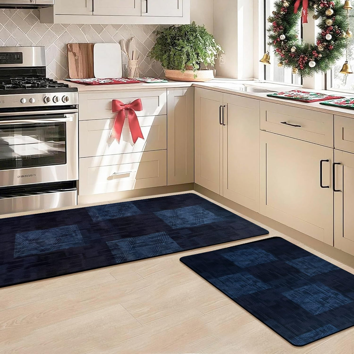 Kitchen Floor Mat 3.5mm (120x40cm & 40x60cm, Leaf Print-2 Pieces) Blue Check