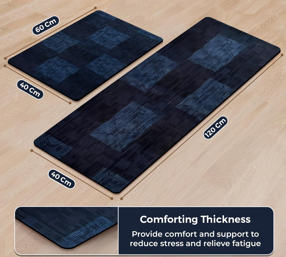 Kitchen Floor Mat 3.5mm (120x40cm & 40x60cm, Leaf Print-2 Pieces) Blue Check