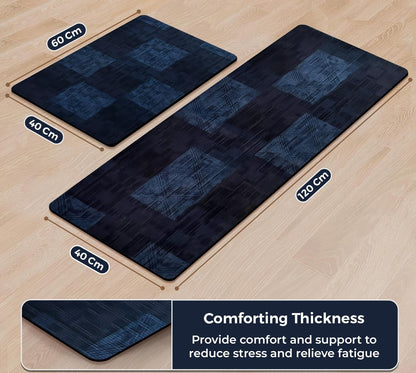 Kitchen Floor Mat 3.5mm (120x40cm & 40x60cm, Leaf Print-2 Pieces) Blue Check
