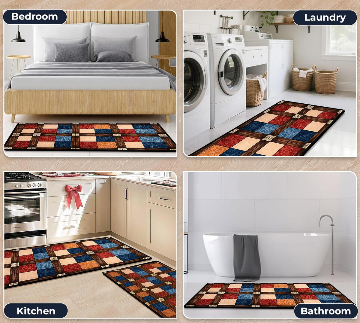 Kitchen Floor Mat 3.5mm (120x40cm & 40x60cm-2 Pieces) Block Print