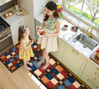 Kitchen Floor Mat 3.5mm (120x40cm & 40x60cm-2 Pieces) Block Print