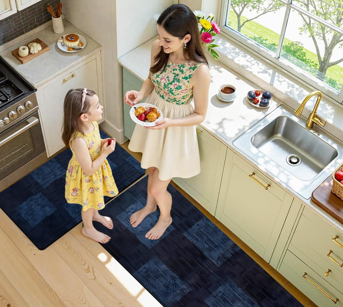 Kitchen Floor Mat 3.5mm (120x40cm & 40x60cm, Leaf Print-2 Pieces) Blue Check