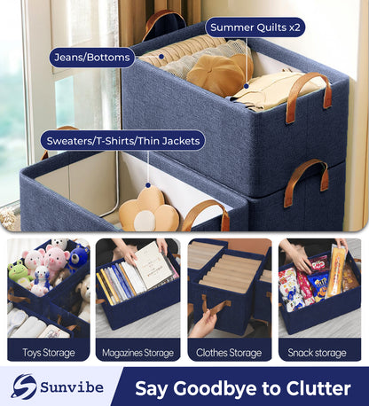 Foldable Wardrobe Organizer with Durable Handle, Stuff Storage Box Closet Drawer Organizers for Clothes, Toys, Books, Blanket (Blue)