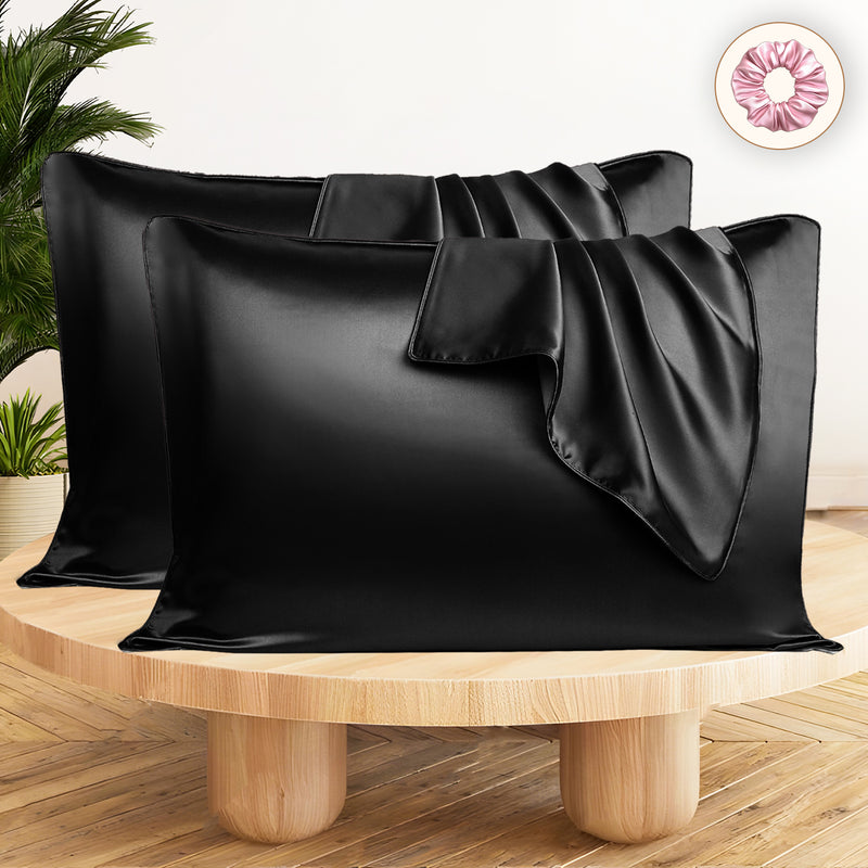 Set of 2 Satin Silk Pillow Covers and 1 Pieces Silk Scrunchies (Black)
