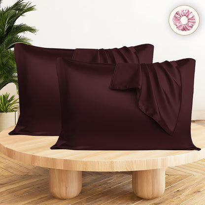 Set of 2 Satin Silk Pillow Covers and 1 Pieces Silk Scrunchies