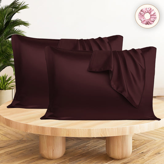 Set of 2 Satin Silk Pillow Covers and 1 Pieces Silk Scrunchies